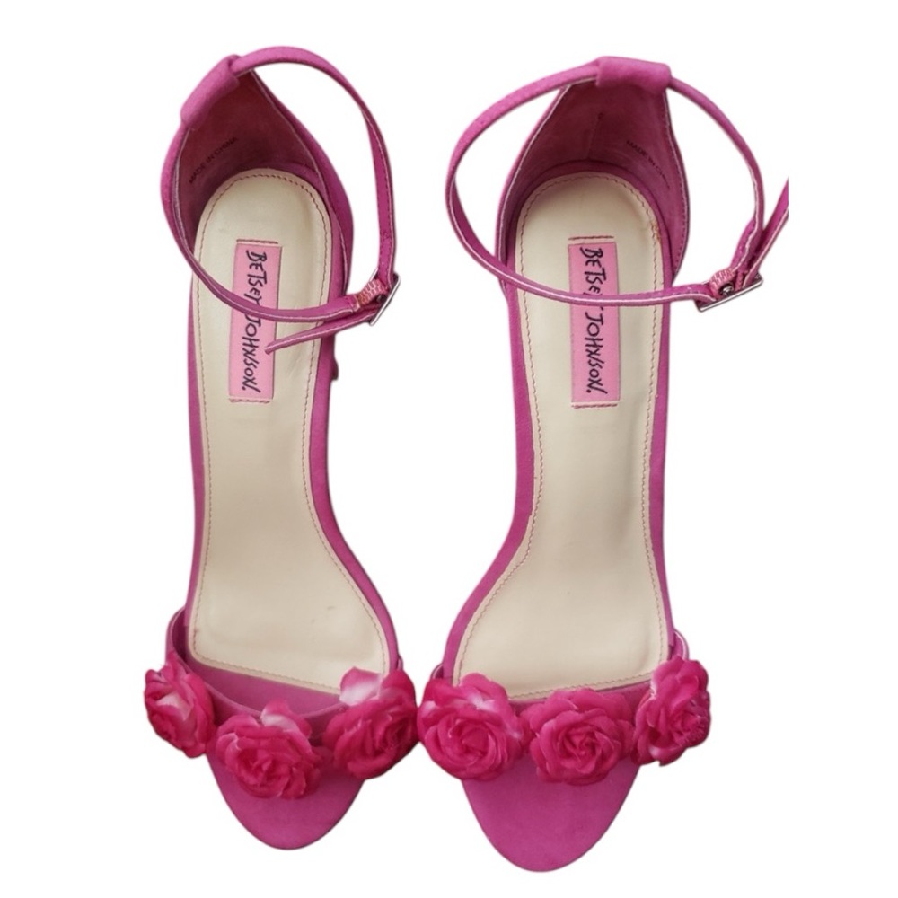 BETSEY JOHNSON Bromme Fuchsia Fabric Floral Dress Sandal Open Toe Heels Size 7 - Picture 6 of 14